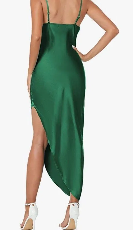 Amazon New - Green Emerald Satin Slit Dress L - Image 5