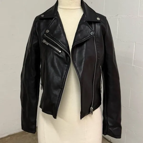 Stradivarius Genuine Leather Moto Biker Jacket Black Size S - Image 2
