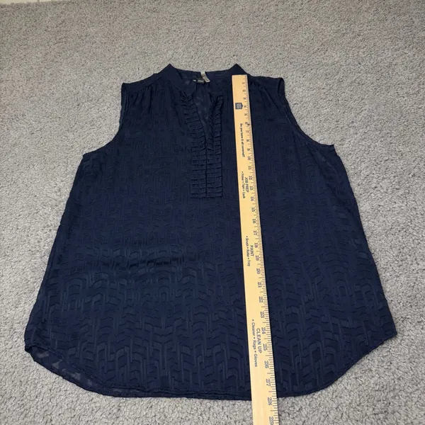 Ann Taylor Navy Blue Sleeveless Blouse Geometric Jacquard Ruffle Neck Top Large - Image 4
