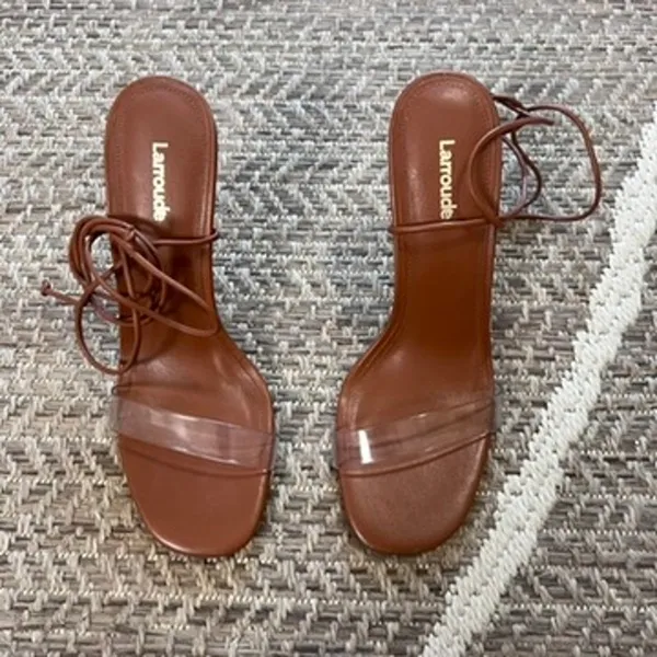 Larroudé Gloria Sandal In Caramel Leather and Vinyl Sz 8.5 - Image 5