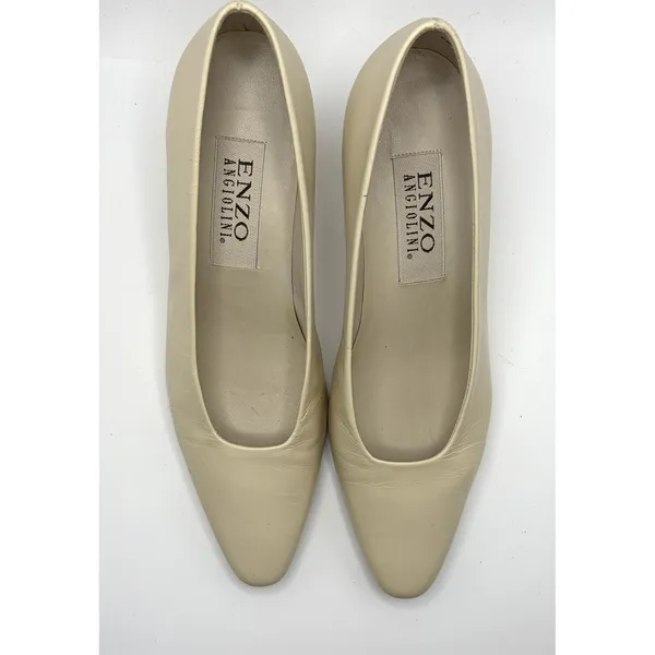 Vintage Enzo Angiolini Ivory Leather Square Toe Pumps Low Heel 90s Y2K Size 71/2 - Image 2