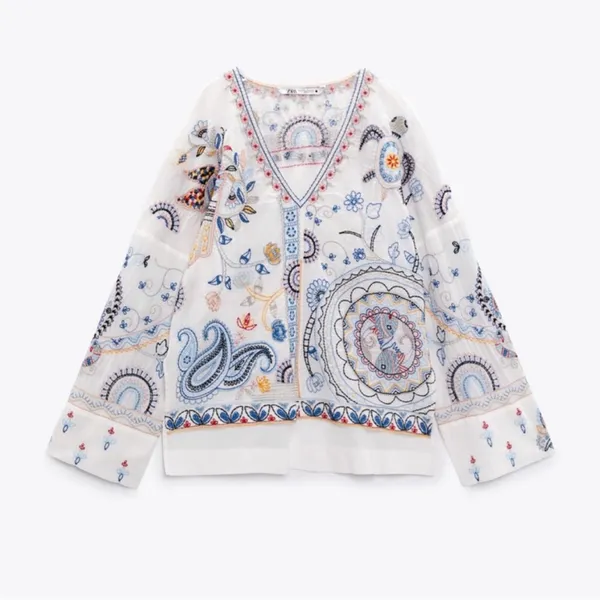 Zara Embroidered Floral‎ Fish Turtle Bird V-Neck Blouse Oyster White Small - Image 3
