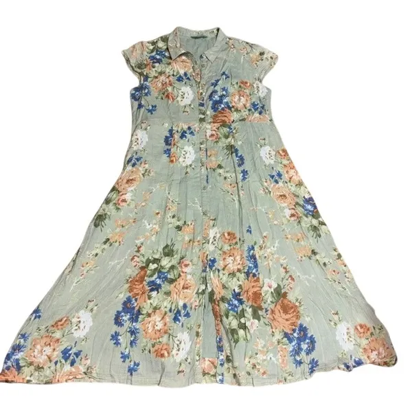 April Cornell Floral Maxi Button Front Short Sleeve Modest Green Dress Large - Image 2