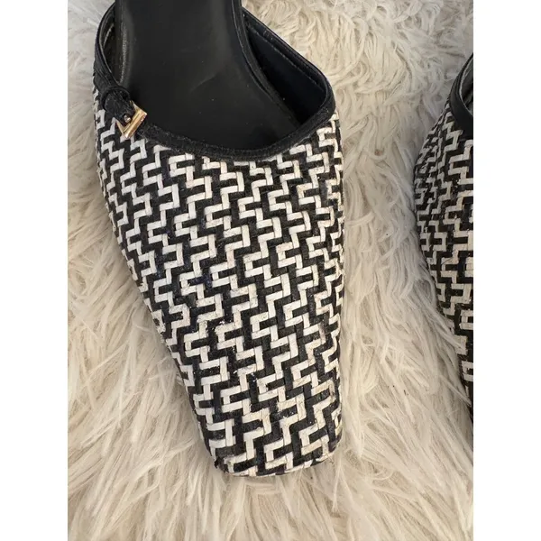 Leslie Fay Black and White Woven Mules Heels‎ Square Toe Retro 9 - Image 3