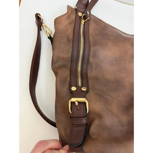 Vegan Leather Bucket Tote Crossbody Bag Brown Gold Hardware - Image 7