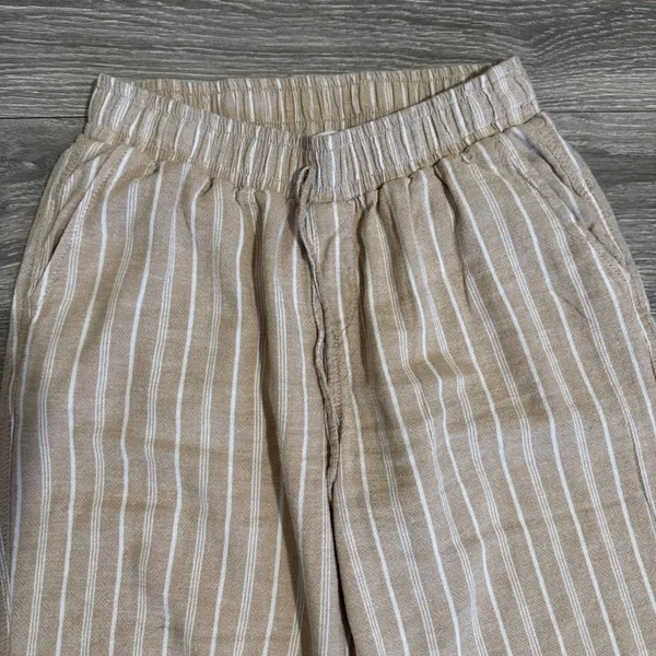 Briggs Womens Small Pants‎ Tan White Striped Wide Leg Linen Blend Elastic Waist - Image 10