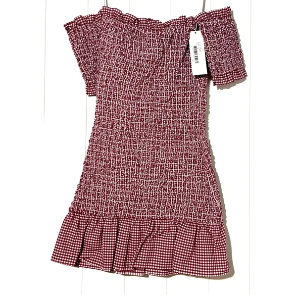 Petersyn Mini Benson Dress XS Smocked Off Shoulder Gingham Cotton NWT - Image 3
