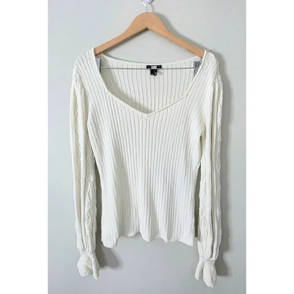 Paige Europa Sweater Size XL Ivory Silk‎ Blend Pullover Knit Bishop Sleeves - Image 2