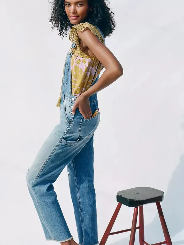 Anthropologie Pilcro Relaxed Denim Overalls 25 Distressed Raw Hem Light Wash - Image 2
