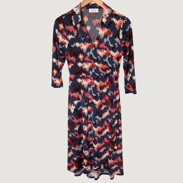 Kaileigh Navy Blue Coral Abstract Ikat Print Midi Wrap Dress 3/4 Sleeve Small - Image 6
