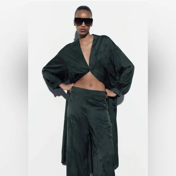 Zara Luxury Green‎ Bohemian Embroidered Satin Effect Wide Leg Lounge Pants Sz L - Image 5