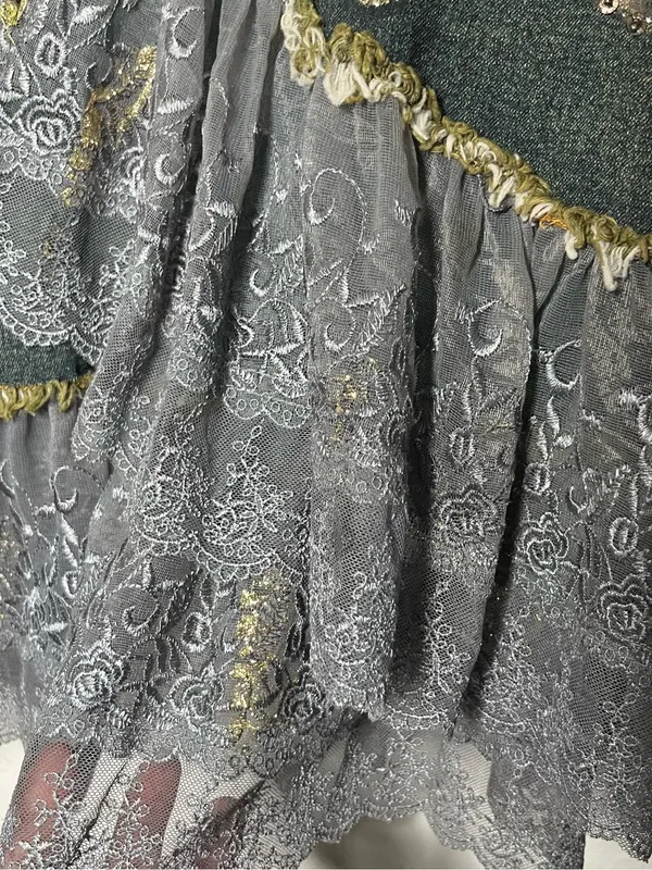 Y2K Vintage Asymmetrical Lace Hem Floral Beaded Fairy Grunge Denim Midi Skirt - Image 8