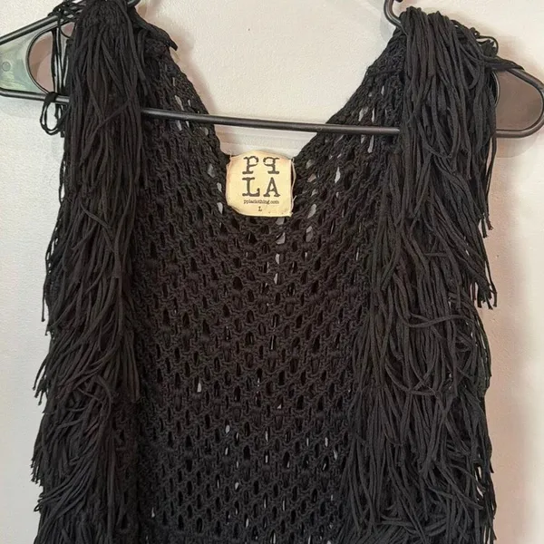 PPLA Flounder Fringe Vest Black Open Knit Crochet Sleeveless Boho Festival Large - Image 4