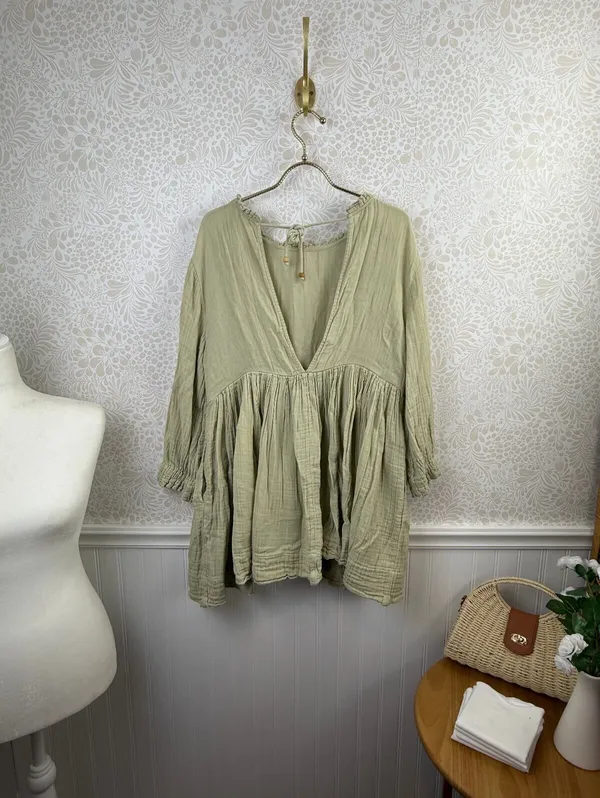 Free People Sage Green 100% Cotton Babydoll Living For It Dress - Size - Small - Image 4