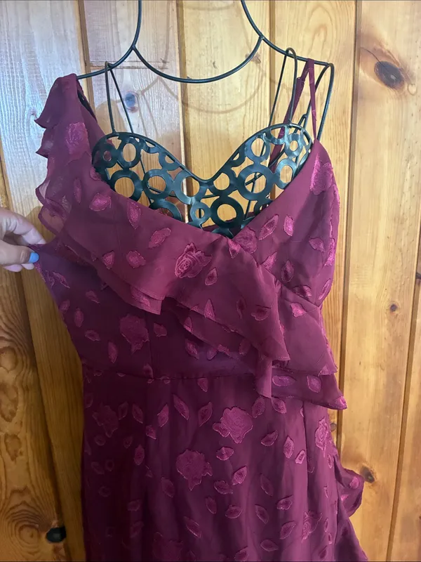 Lulus Forever Be Burgundy Floral Jacquard Ruffled Maxi Dress size large - Image 12