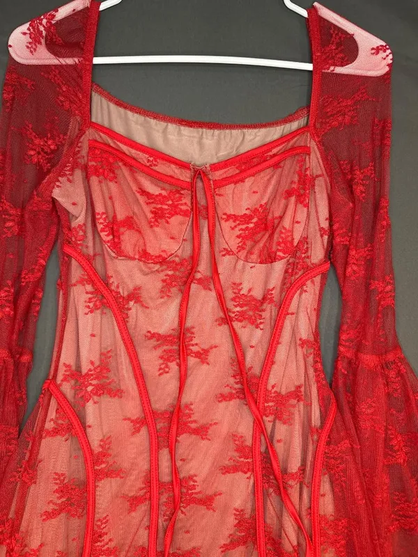 Women L Red Lace Corset Dress Bell Sleeve Y2K Romantic Goth Coquette Festival - Image 7