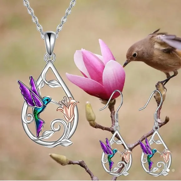 Hummingbird Silver Necklace and Earrings - Image 2