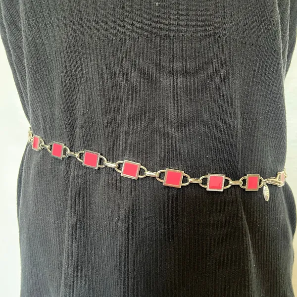 Y2K NY Pink Enamel Link Silver Chain Womens Belt Sz S 31" Adj Festival Coquette - Image 2