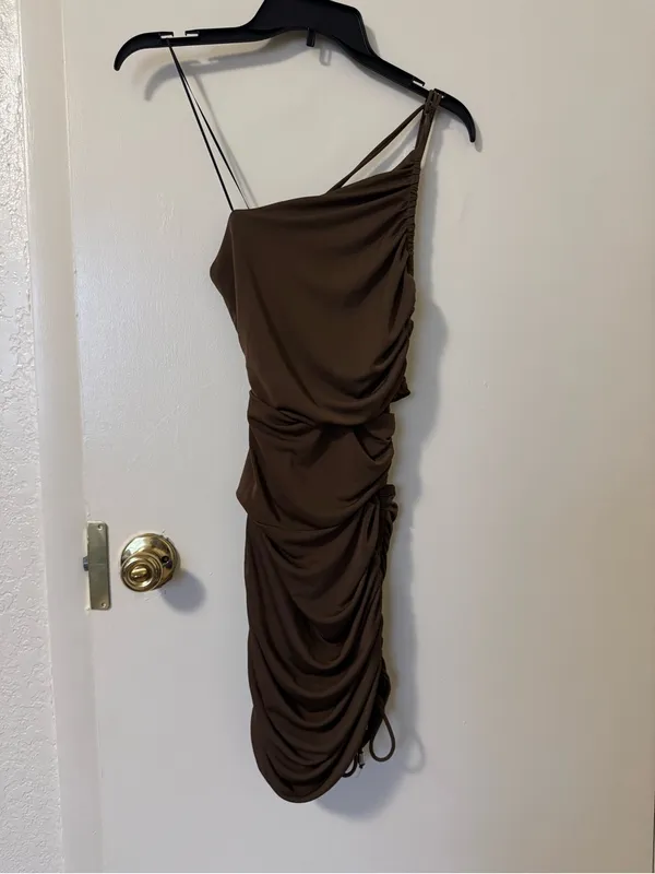 ZARA Brown Asymmetric Draped Mini Dress Size XS - Image 2