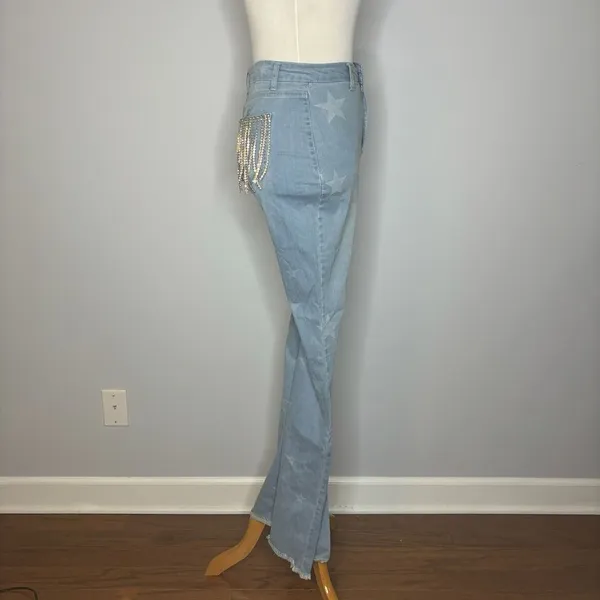 Nasty Gal- Blue Flare Jeans with Stars + Rhinestone Fringe on Back Pockets - Image 4