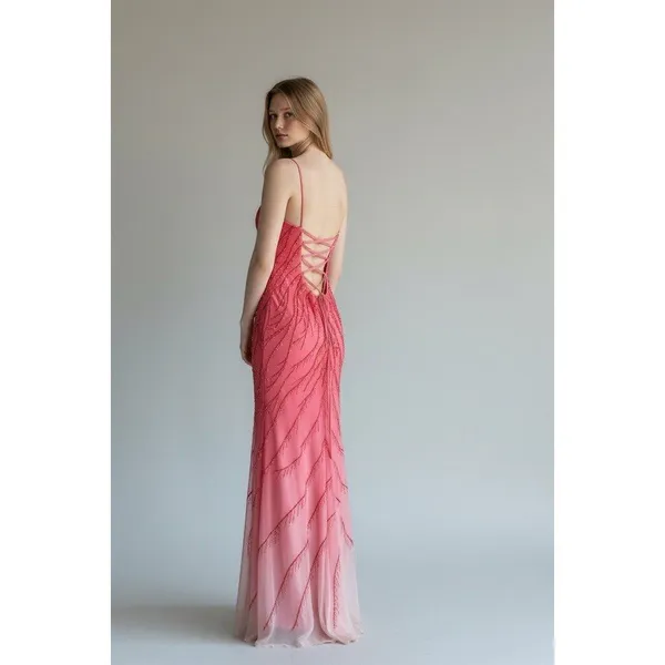 Vintage Y2K Maxi Gown Womens Pink Ombre Beaded Sequin - Image 2