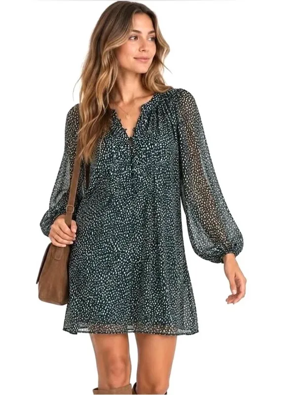 Joie Arctic Animal Spot Mini Dress XL Green Balloon Sleeve Speckle Print Flowy - Image 13