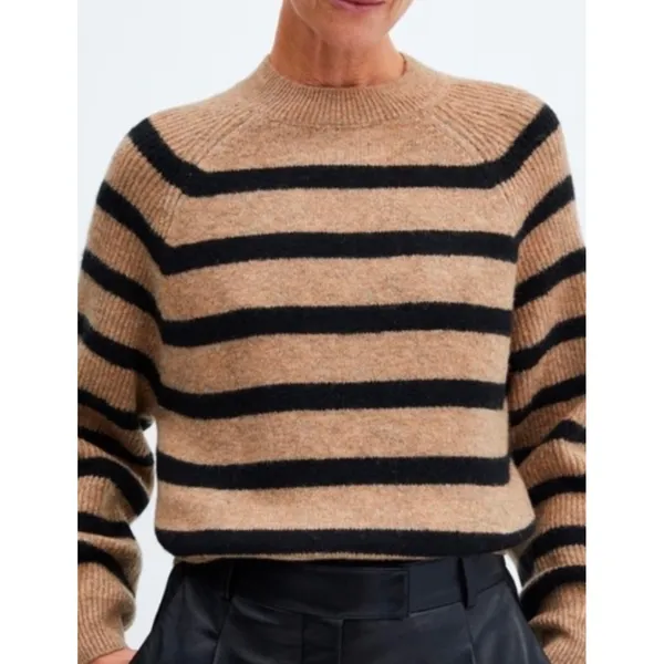 Mango MNG Striped Raglan Knit Sweater Camel Black Crew Neck Relaxed Fit XS - Image 2