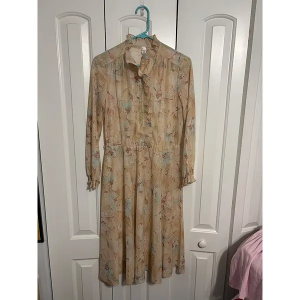 Vintage Midi Dress Cottagecore Floral Peach High Ruffle Neck‎ Button Front 12 - Image 2
