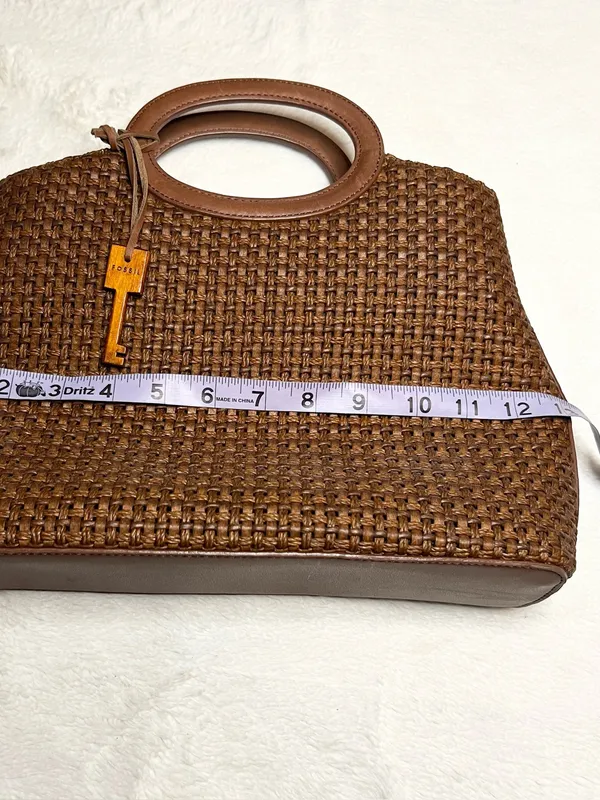 Vintage Fossil Brown Woven Tote Bag with Leather Trim & Logo Key Charm - Image 14