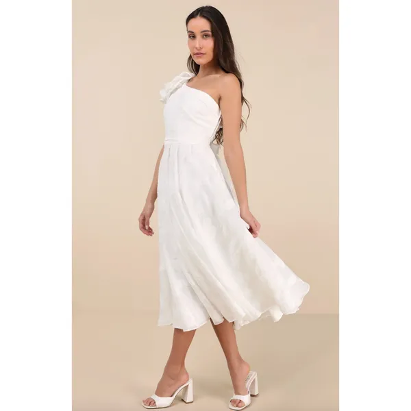 Lulus Sweet Definition White Burnout Ruffled One-Shoulder Midi Dress Large NWT - Image 4