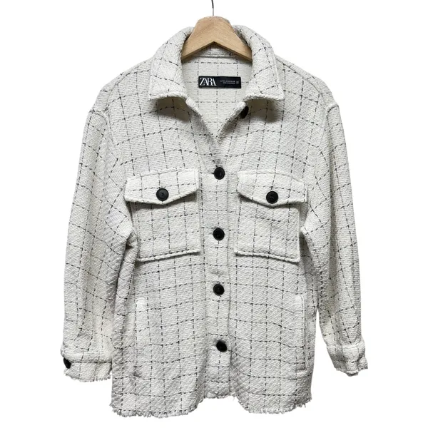 ZARA Oversized Tweed Shacket Overshirt‎ Women XS Ivory Check Textured Oversized - Image 2
