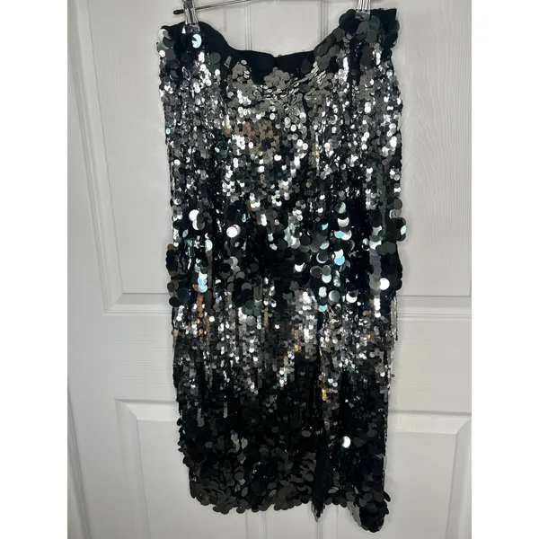 Zara Silver Black Large Paillette Sequin Pencil Midi Skirt Party Glam Size XL - Image 2