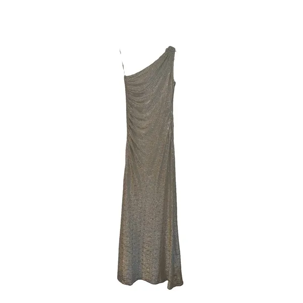 Caché Floor Length Shimmer Silver One Shoulder Evening Gown Size 2 - Image 2