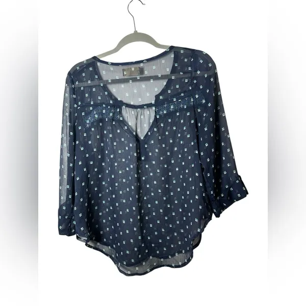 Hollister Navy Blue Embroidered Sheer Blouse‎ - Size Large - Image 5