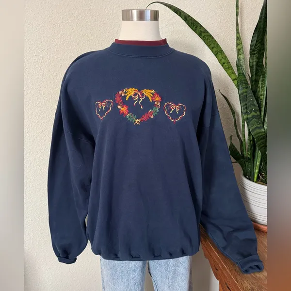 Vintage fall Navy Embroidered Heart Wreath Sweatshirt Fall Leaf Grandma Core XL‎ - Image 7