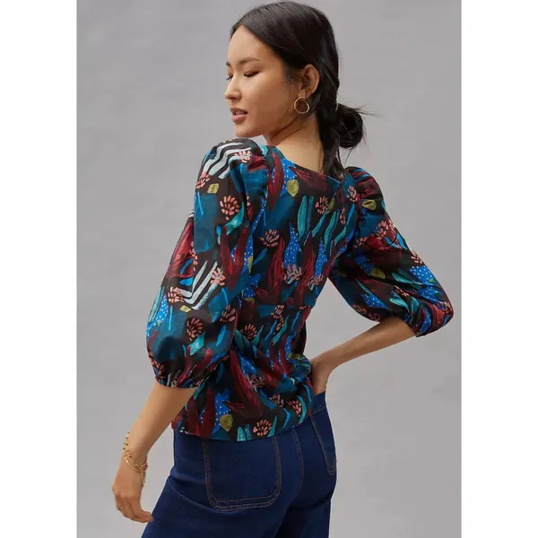 Eva Franco Tropical Sweetheart Tie‎ Front Puff Sleeve Blouse 4 Midnight Jungle - Image 3