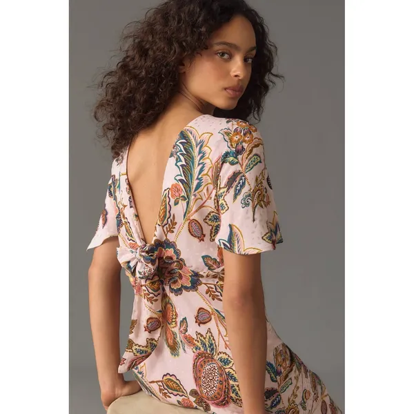 ANTHROPOLOGIE KACHEL Flutter Sleeve Bow Back Maxi Slip Dress Size 10 Pink Floral - Image 3