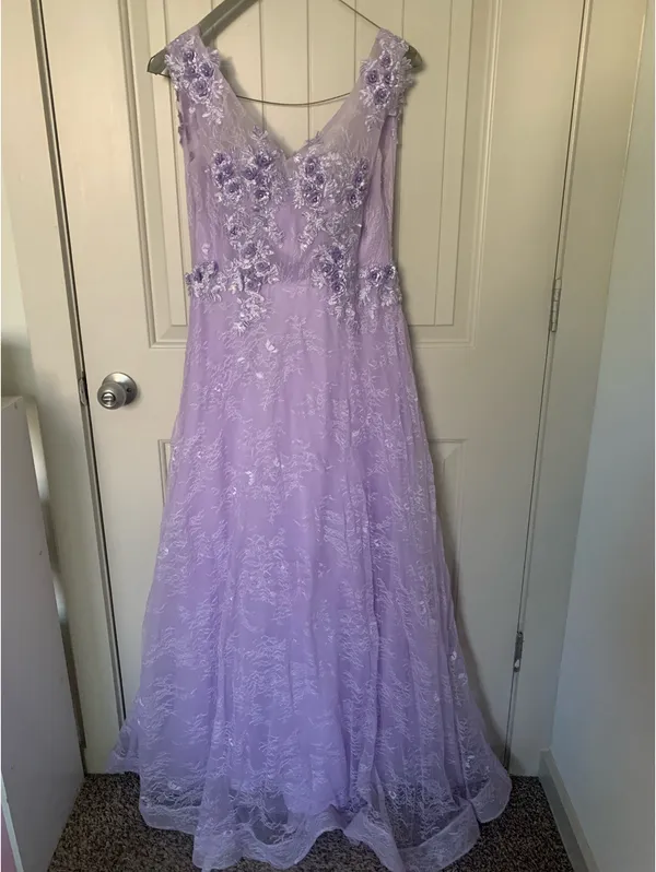 Lavender Lilac Purple Floral Tulle Corset Back Maxi Prom Dress Sz M/8 - Image 2