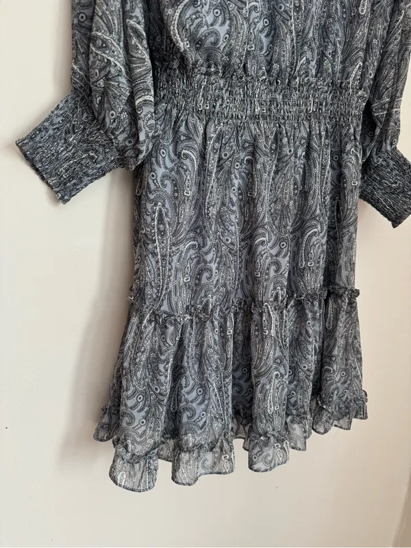 Lovestitch Paisley Boho Peasant Mini Dress Women’s Large Blue Gray Tassel NWT - Image 6