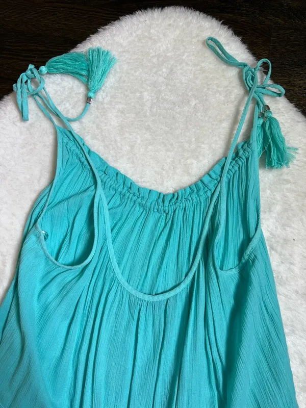 M&S Collection Turquoise Blue Crinkle Sundress Tassel Ties Size 16 - Image 5