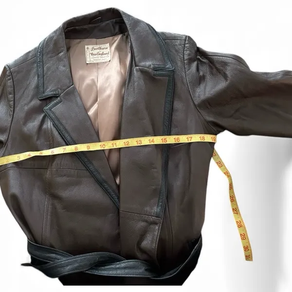 VTG Brown Leather Trench Coat Belted Contrast Trim Minimalist Chic Sz 16 Lined - Image 14