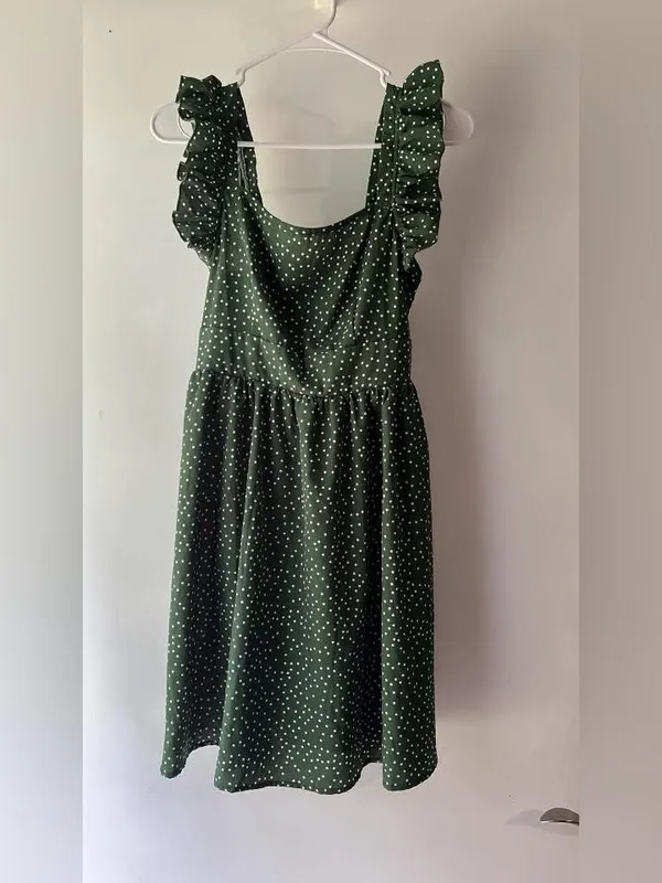 Polka Dot Ruffle Strap Midi Dress in Green - Image 2