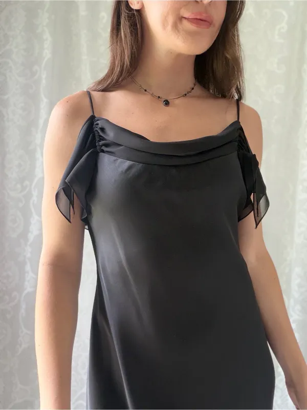 Vintage Y2K Cachet Black Satin Cowl Neck Ruffle Maxi Dress Size 8 - Image 5