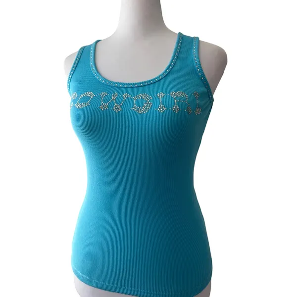 Vintage ‘00s Playgirlz Aqua Blue Rhinestone Cowgirl Stretchy Ribbed Tank Top - Image 3