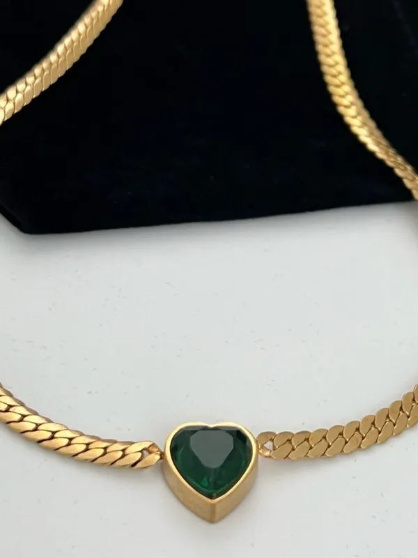 18K Gold Plated Green Heart snake chain Necklace Stainless Steel womens jewelry - Image 3