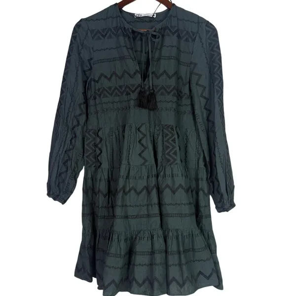 Zara Boho Oversized Embroidered Long Sleeve Mini Dress Tassel V Neck XS Green - Image 13