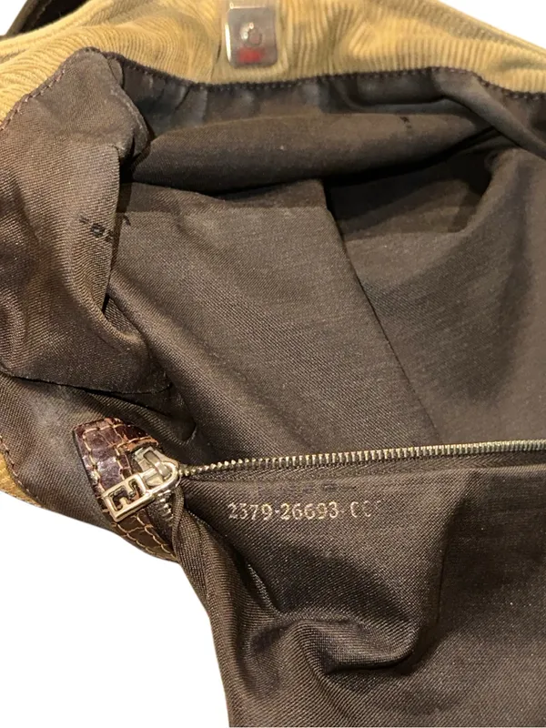 FENDI Corduroy Tote Bag with Dark Brown Leather Handles Vintage - Image 12