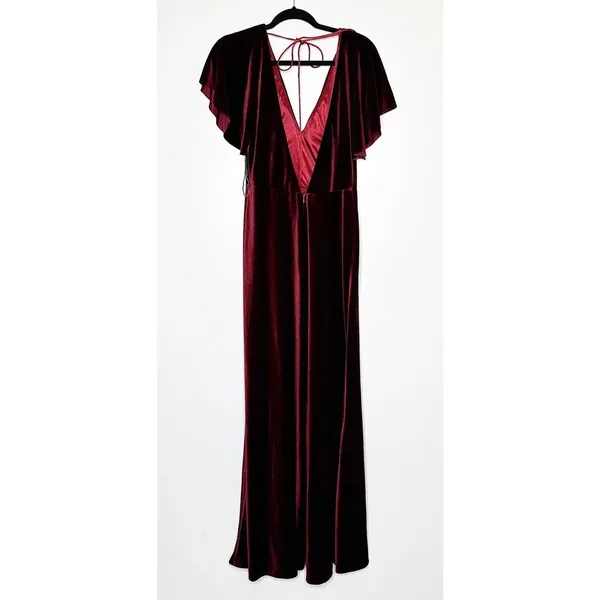 NWT Jenny Yoo Marin Velvet Flutter Sleeve Gown Women's Burgundy Size 12 - Image 4