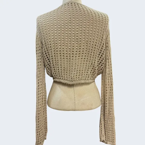 Open Knit L Tan Tie Front Cropped Cardigan Sweater Slouchy Boho Fairy‎ Grunge - Image 6