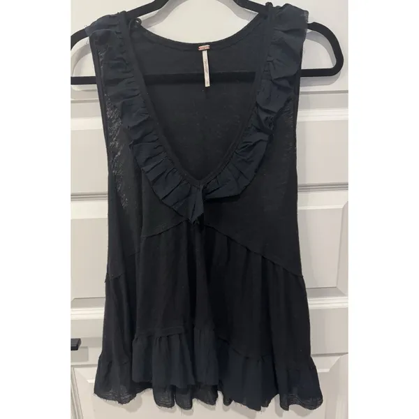 Free People Black Ruffled V-Neck Tank Top - Image 2